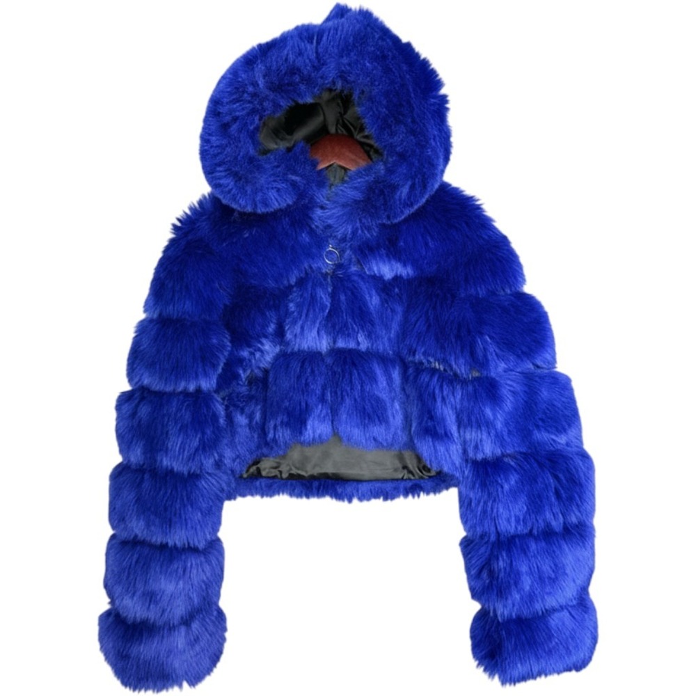 QIYE Electric Blue Faux Fur Cropped Hooded Jacket Cobalt Tiered Bubble Coat XXXL
